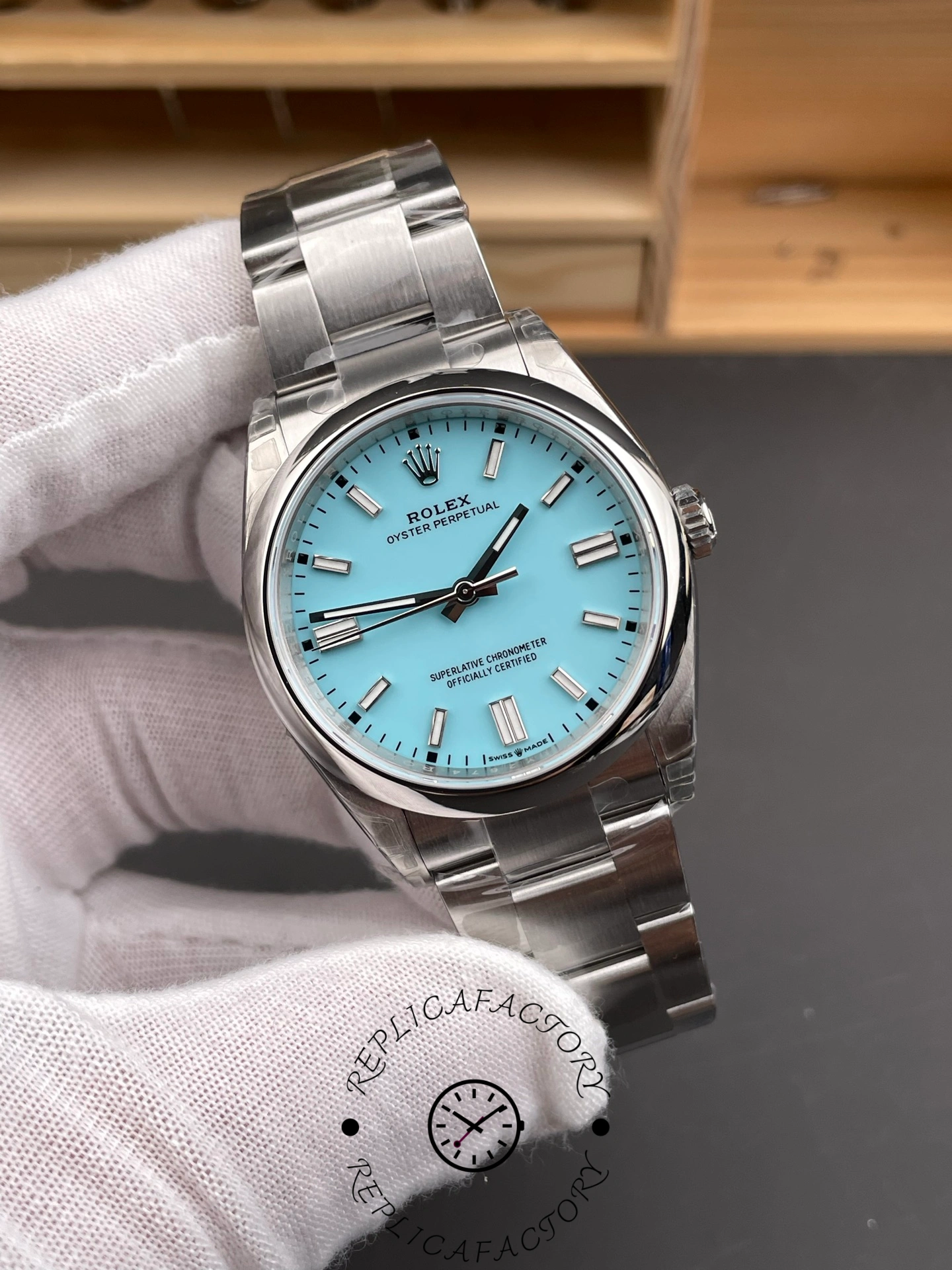 2024 Rolex Oyster Perpetual 126000 Stainless Steel Baby Blue Dial Replica Watch