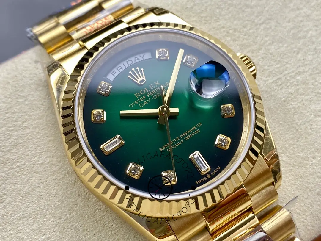 Rolex Day-Date 128238 Fluted Bezel Green Diamond Dial 36MM Unisex Replica Watch