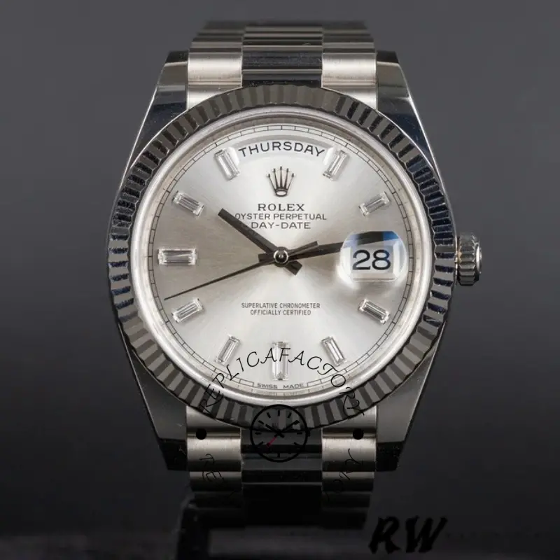 Rolex Day-Date 228239 Silver Baguette Diamond Dial Fluted Bezel 40mm Mens Replica Watch