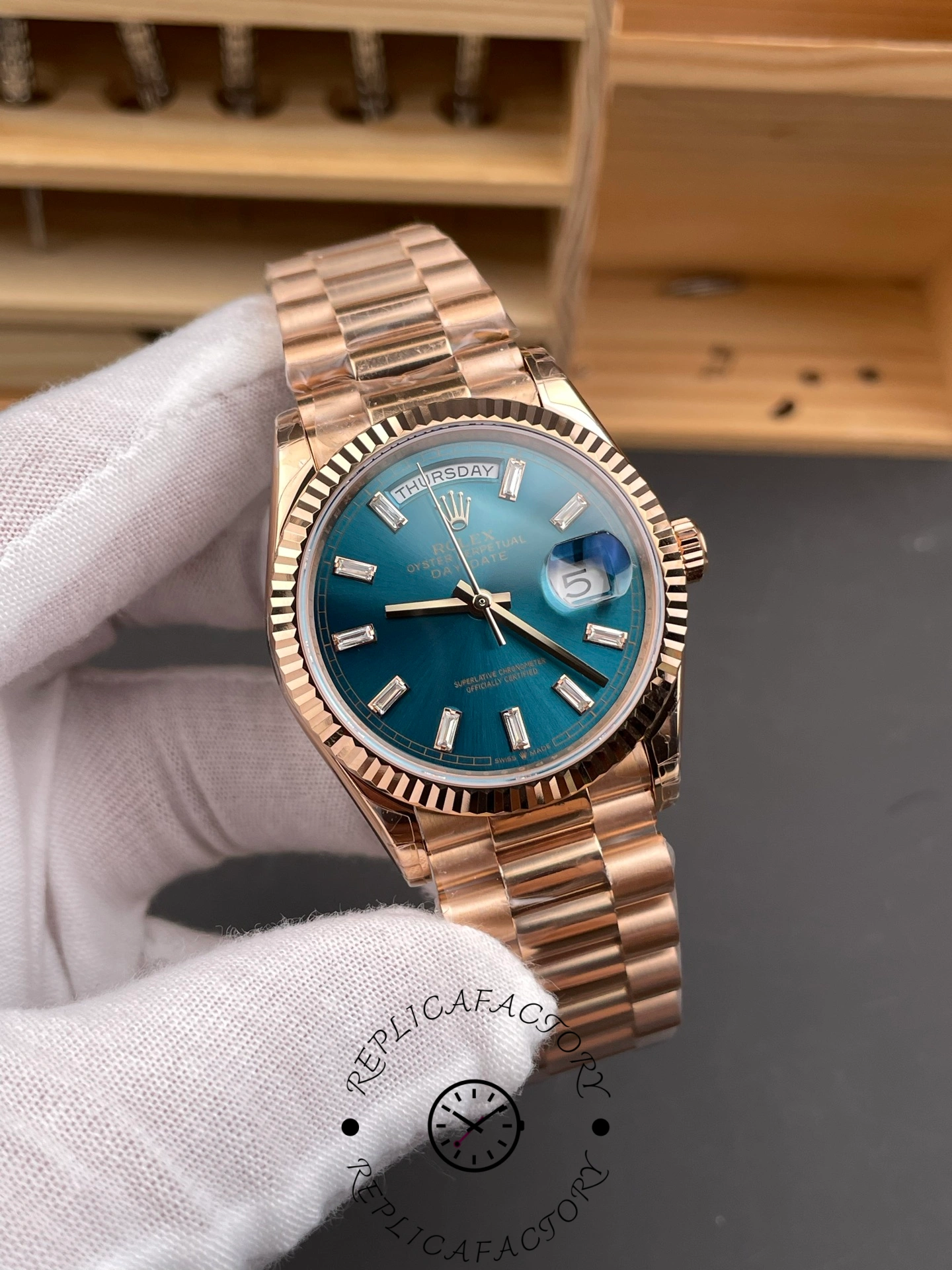 Rolex Day Date Oyster 36 mm Everose Gold Blue Green Dial M128235 0085