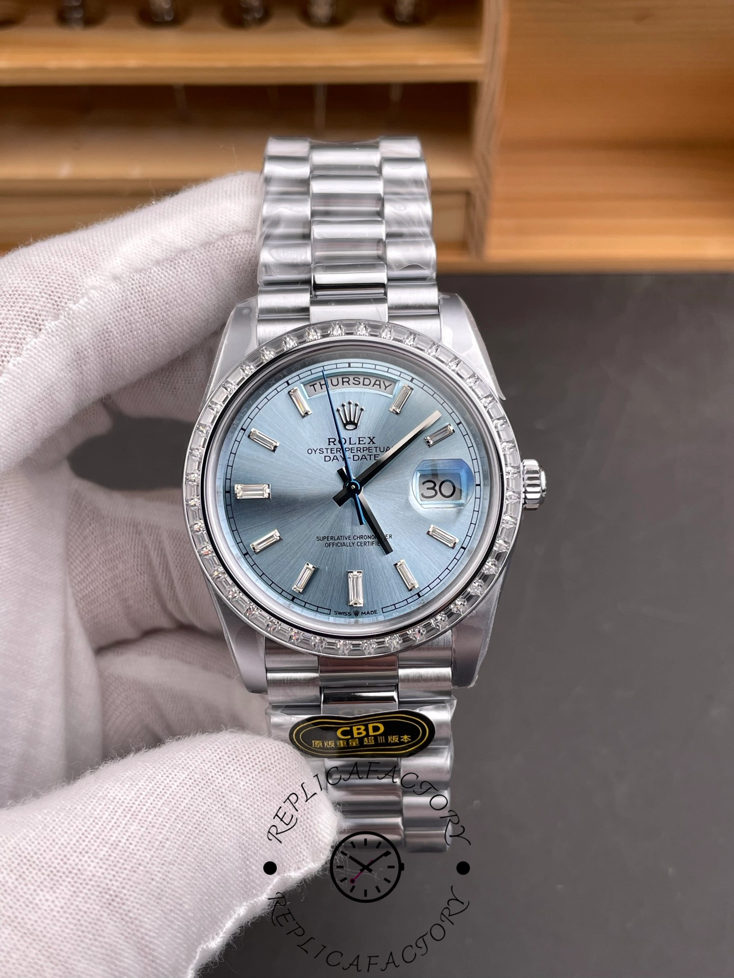 Rolex Day-Date 228396TBR Ice Blue Diamond Dial Diamond Bezel 40mm Mens Replica Watch