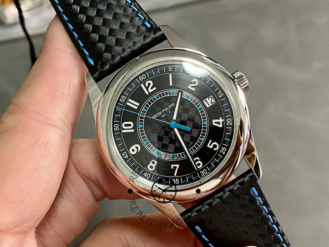 Three-quarter wrist-style shot of the Patek Philippe Calatrava 6007G-011, focusing on hands and minute track.