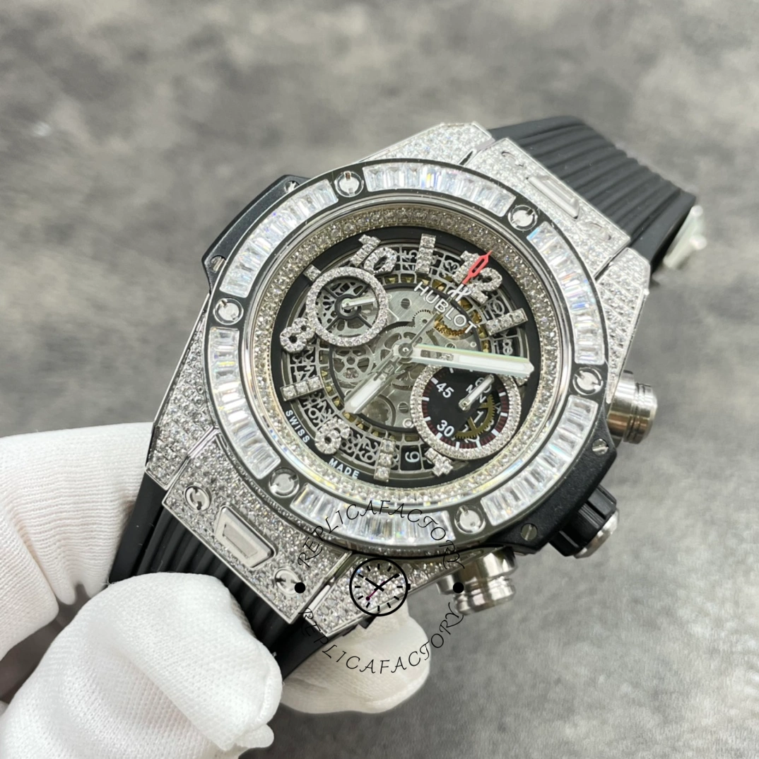 Glove-held angled view of Hublot 411.NX.1170.RX.0904 Big Bang Unico 45mm highlighting openworked chrono.