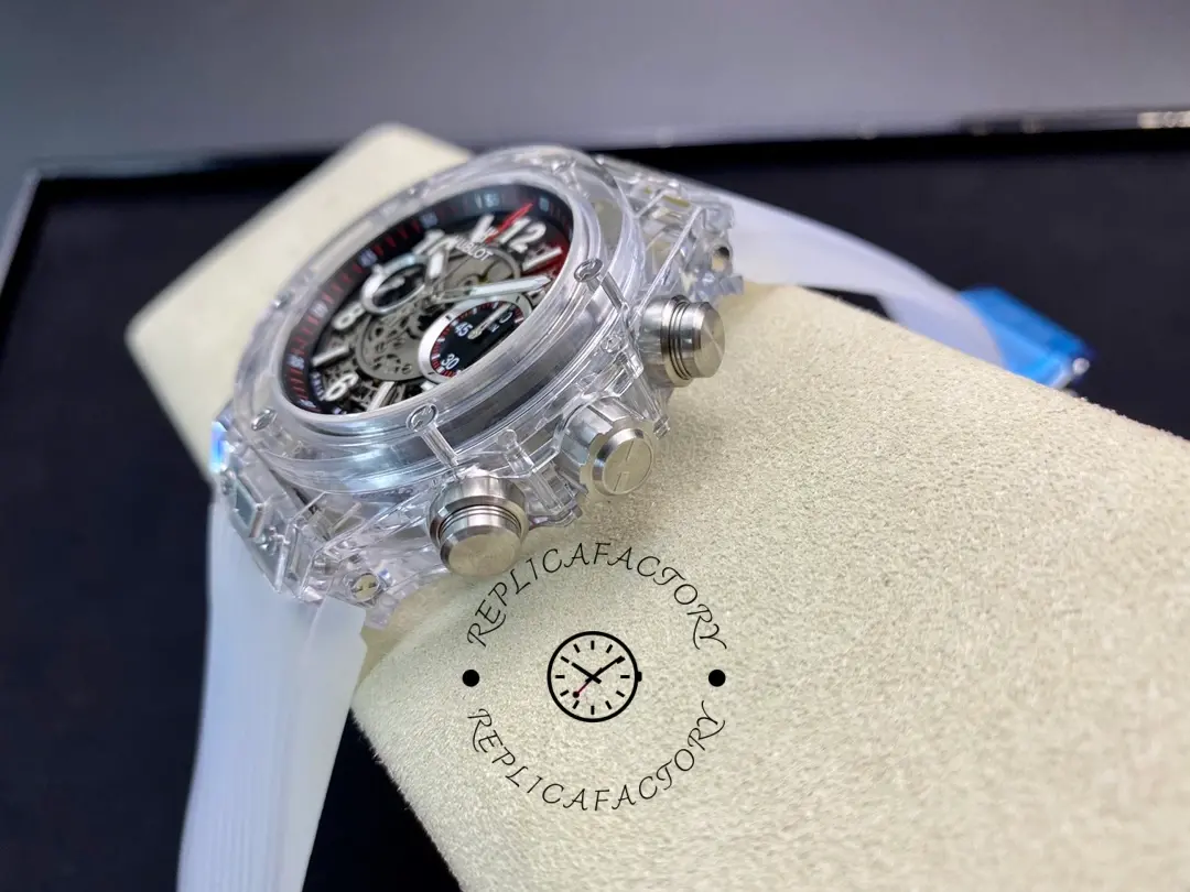 Angled view of Hublot Big Bang Unico Chronograph 411.JX.1170.RX white strap, crown.