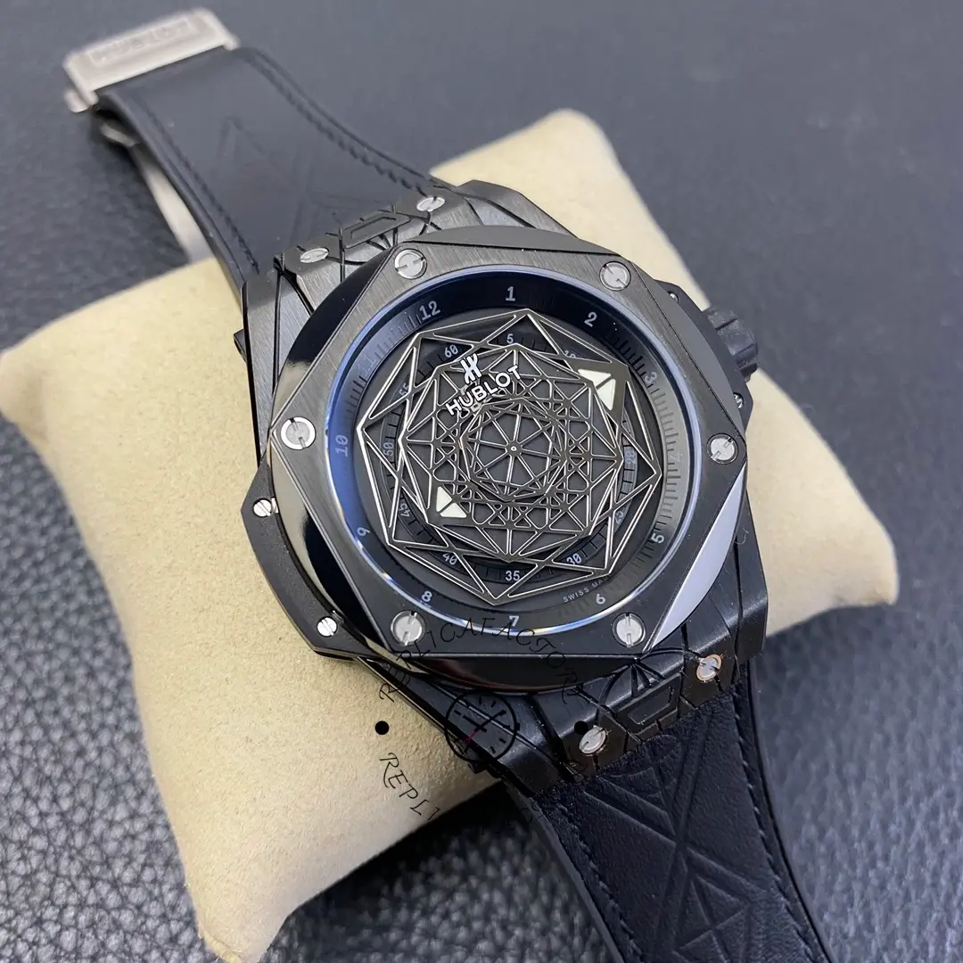 Three-quarter view of Hublot Big Bang 415.CX.1114.VR.MXM17 on cushion, with openworked black dial.