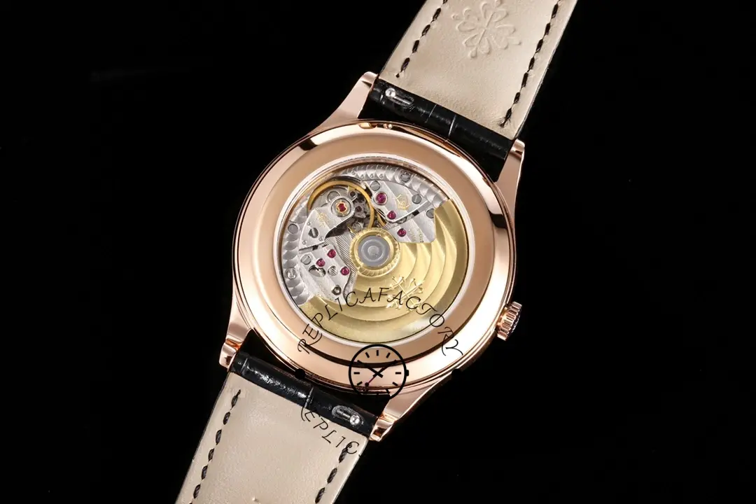 Caseback view of the Patek Philippe Calatrava 5119R showing the movement through the display back.