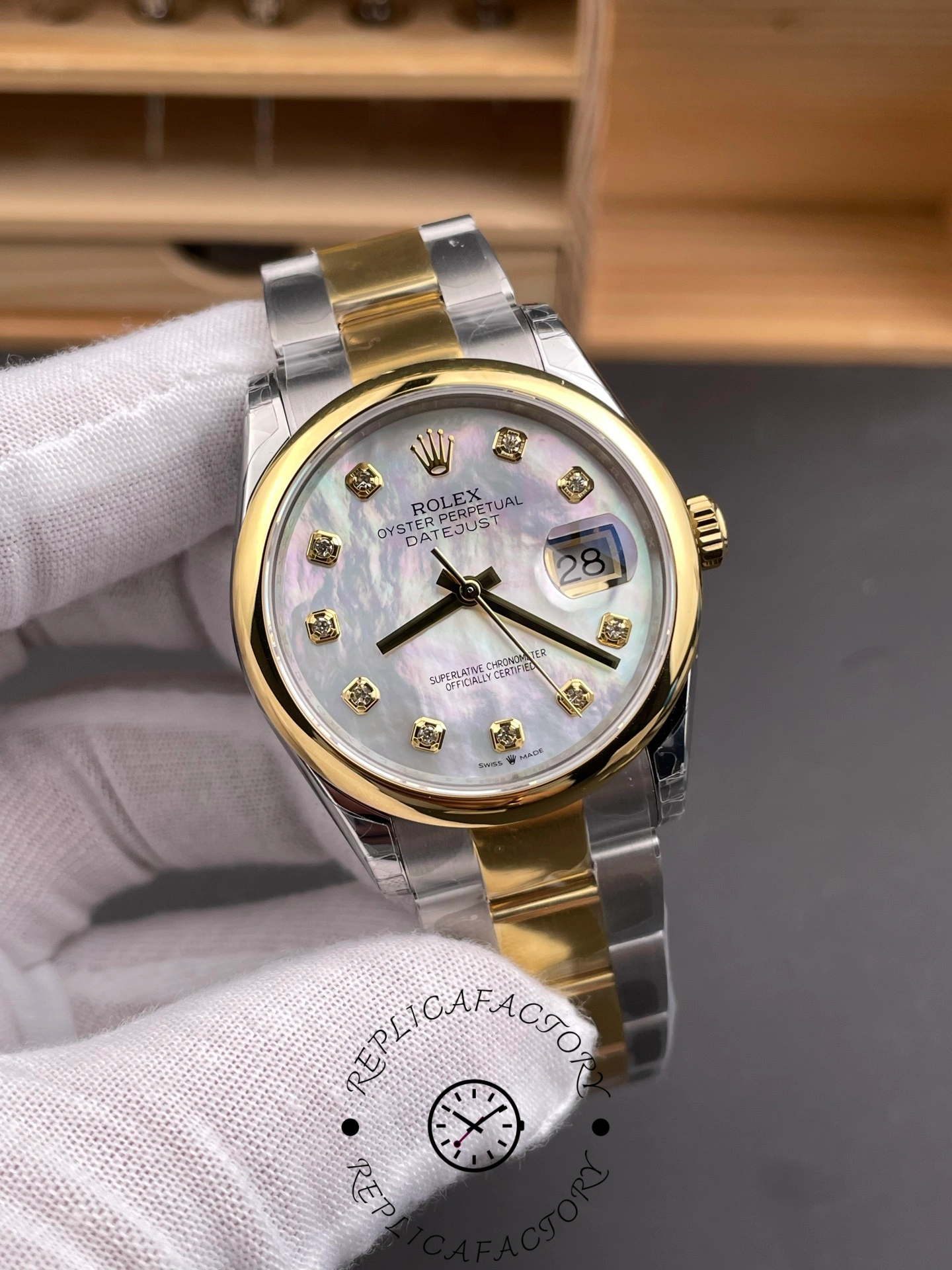 Rolex Datejust 36 Steel & Yellow Gold Mother of Pearl Diamond Dial M126203 0024 Women's Watch