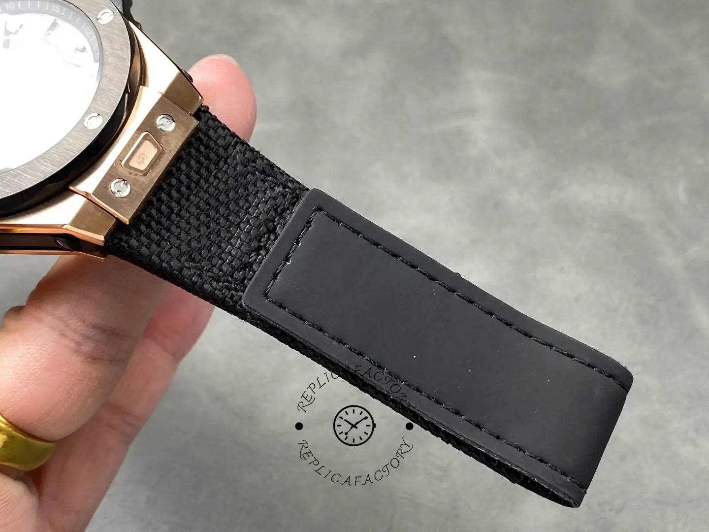 Hublot 429.OQ.0180.RX strap underside view with stitching.