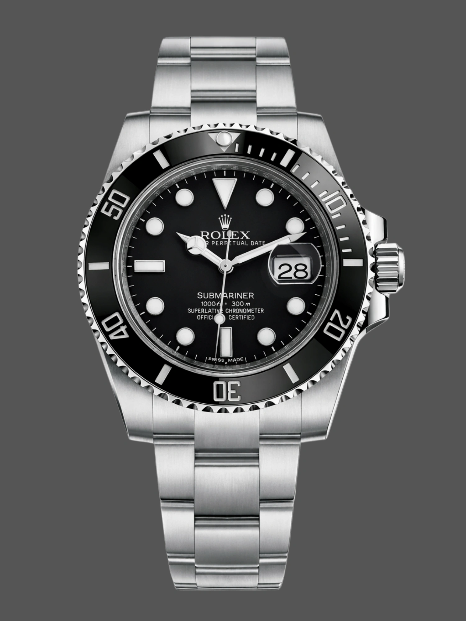 Rolex Submariner 116610LN front view, black dial with Mercedes hands and black ceramic bezel, oyster bracelet. - Front view