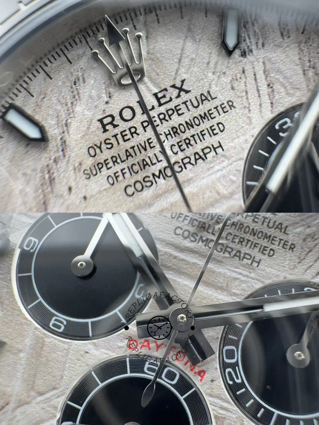 Macro dial detail of Rolex Daytona 116519 showing meteorite texture, crown logo, and black sub-dials.