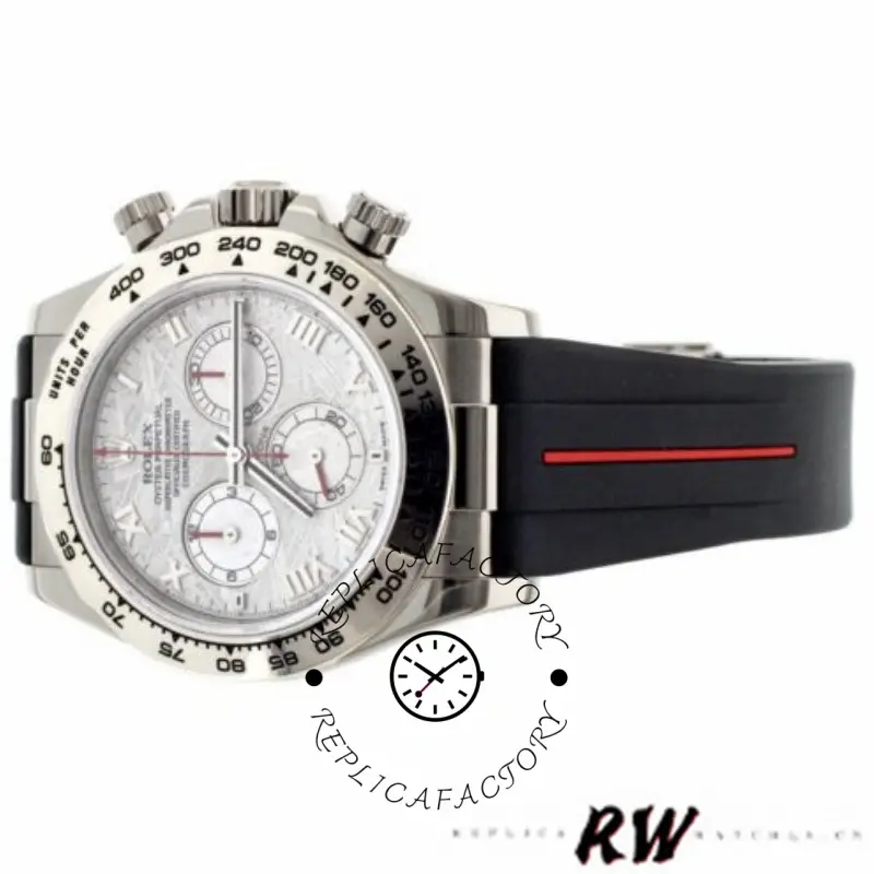 Rolex Daytona 116519MT side profile, case thickness and pushers, RubberB strap in frame.