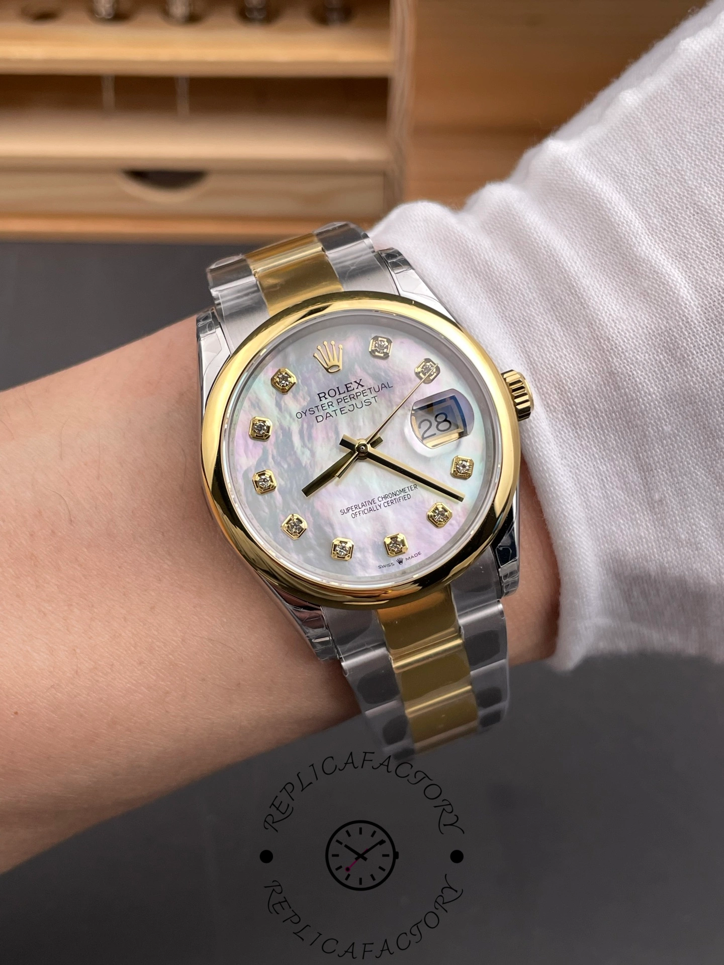 Rolex Datejust 36 Steel & Yellow Gold Mother of Pearl Diamond Dial M126203 0024 Women's Watch