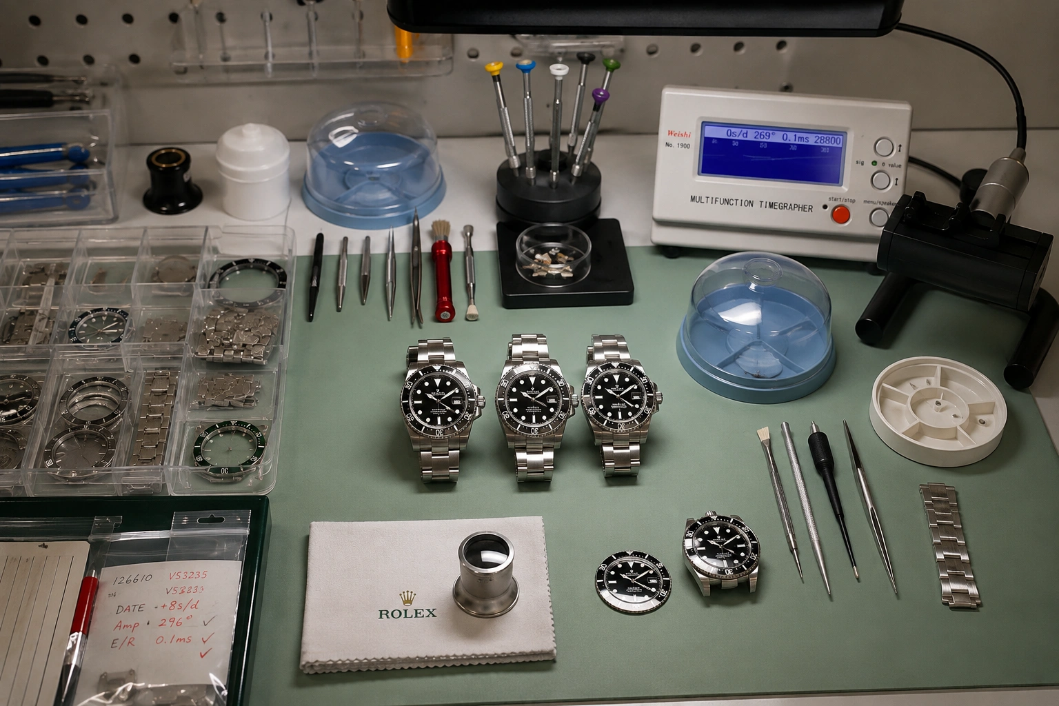 Watch quality-control workstation with Rolex-style watches, timegrapher and precision tools