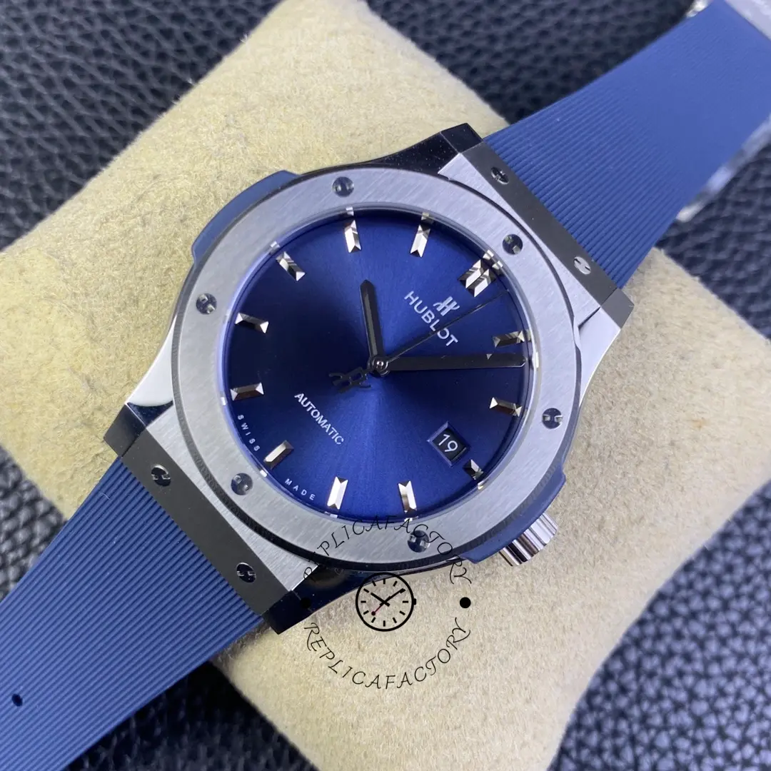 Blue dial Hublot Classic Fusion 511.CO.1181.RX on cushion, three-quarter view.