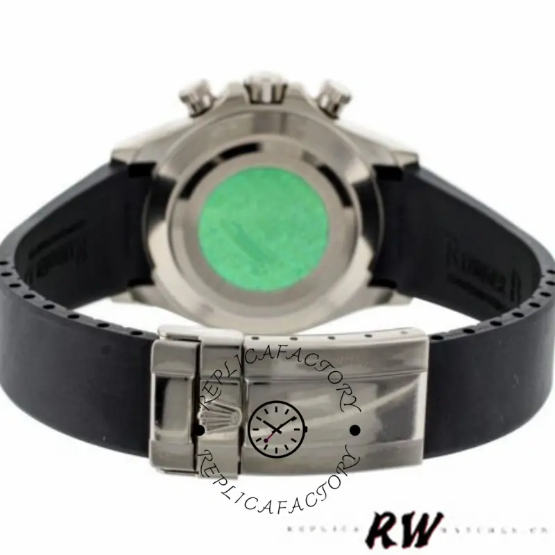 Rolex Daytona 116519MT case back view, green sticker on back, RubberB strap attached.