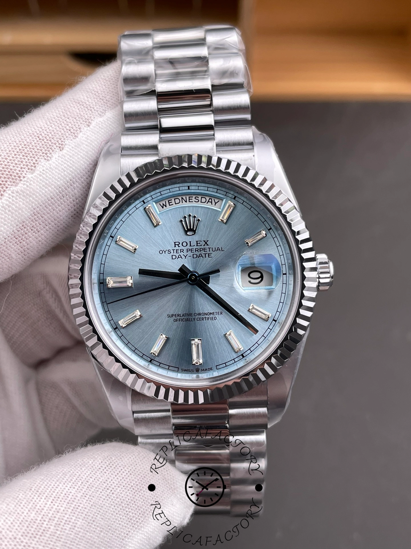 Rolex Day Date 40mm Platinum 228236 0006 Ice Blue Baguette