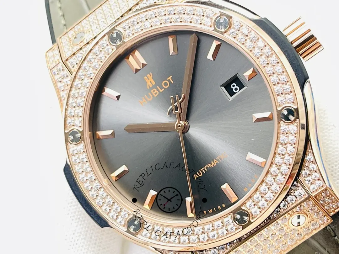 Hublot Classic Fusion 542.OX.1181.LR.1704 grey dial close-up, hands and diamond bezel detail.