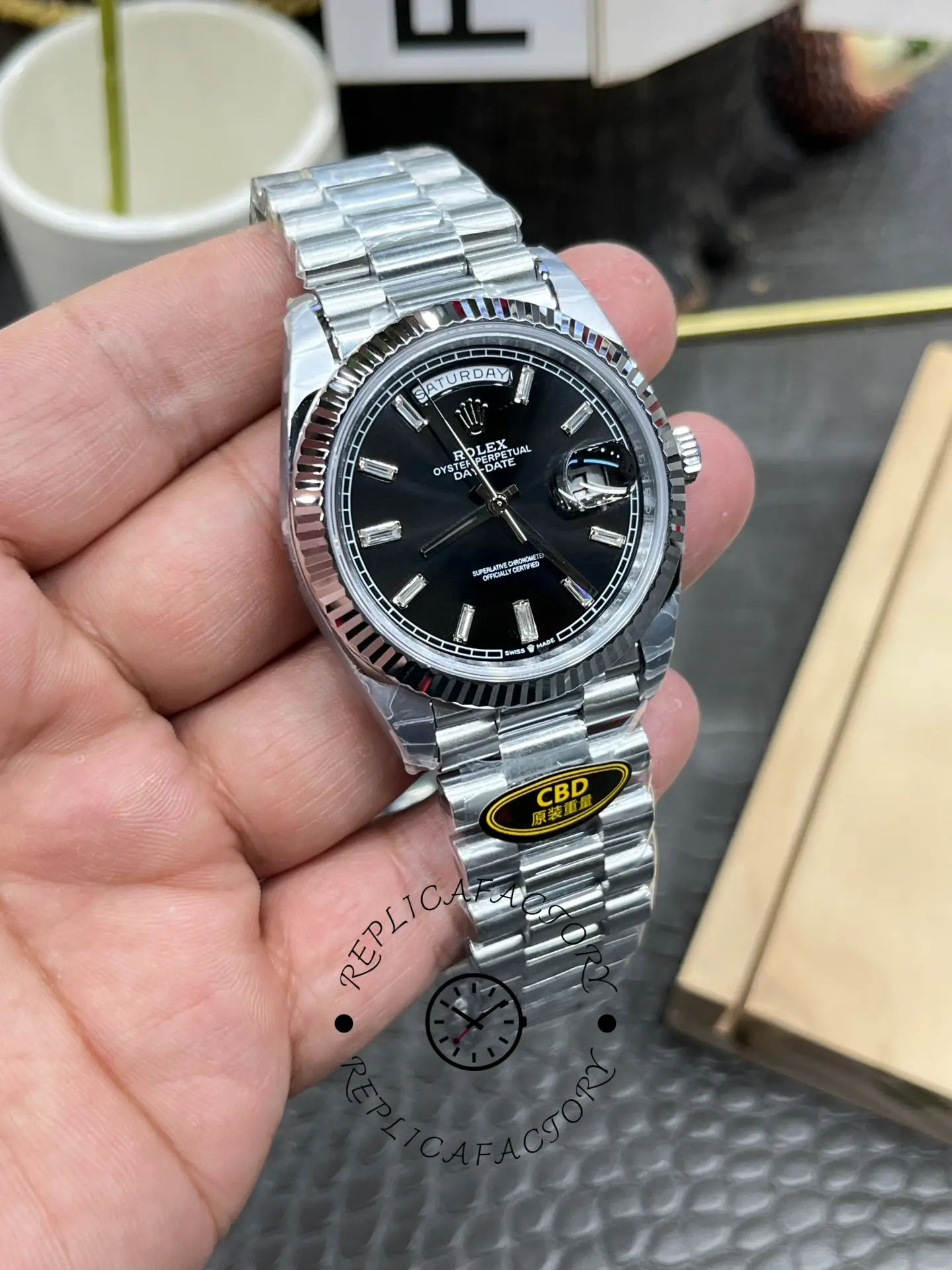 Rolex Day-Date 40mm 228239 0005 Black Diamond Dial Fluted Bezel Mens Replica Watch