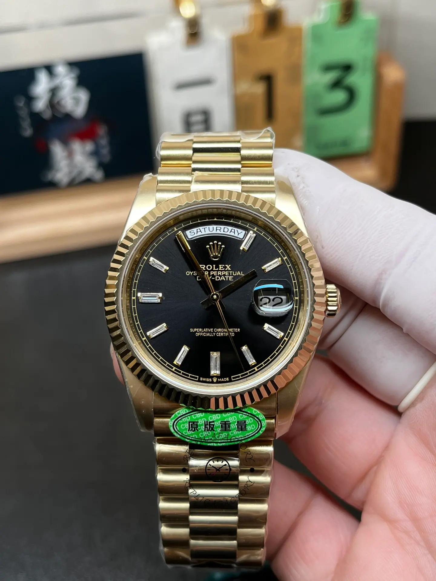 Rolex Day-Date 228238 0004 Black Diamond Dial Fluted Bezel 40mm Mens Replica Watch