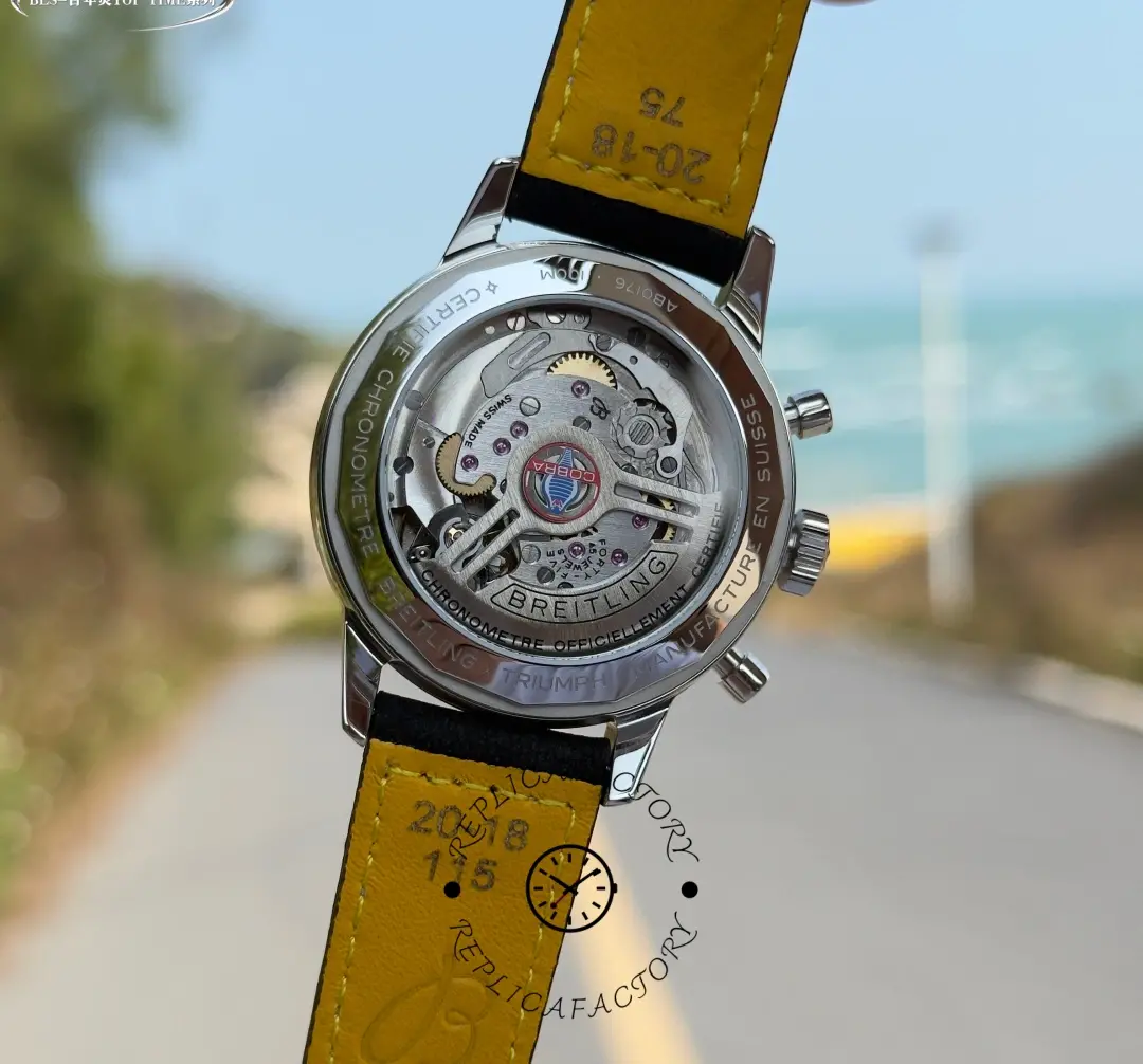 Breitling Top Time B01 Shelby Cobra AB01763A1C1X1, caseback view with rotor and engravings, yellow strap display.