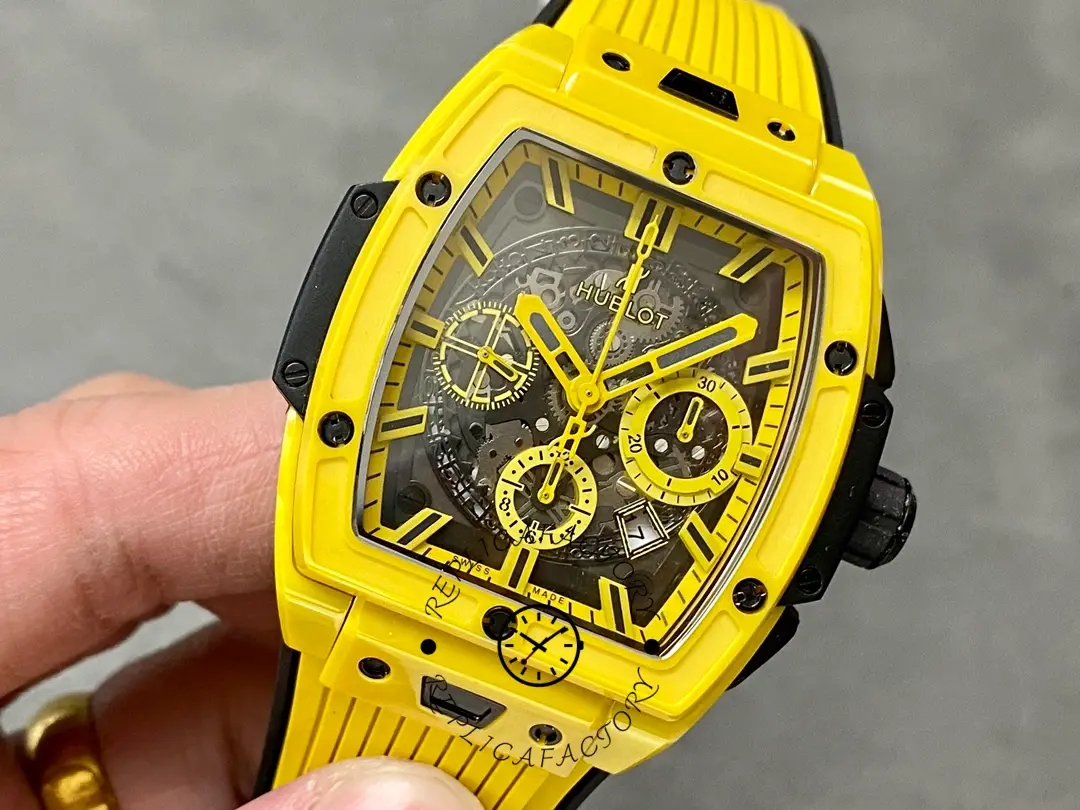 Another close-up angle of the Hublot 642.CY.011Y.RX shows the bezel screws and skeleton dial.