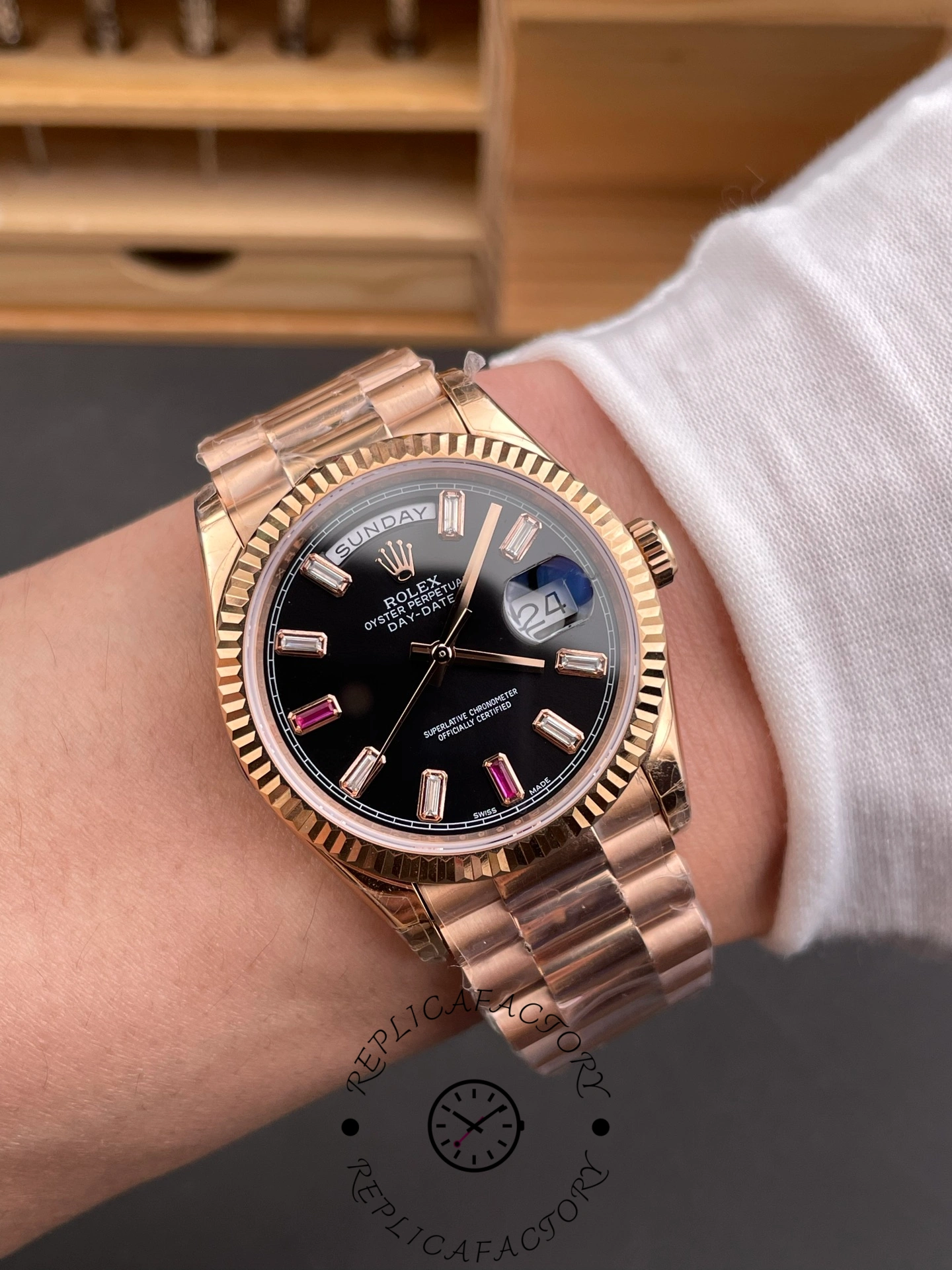 Rolex Day-Date 218235 Diamonds and Rubies Black Dial Rose Gold 41MM Mens Replica Watch