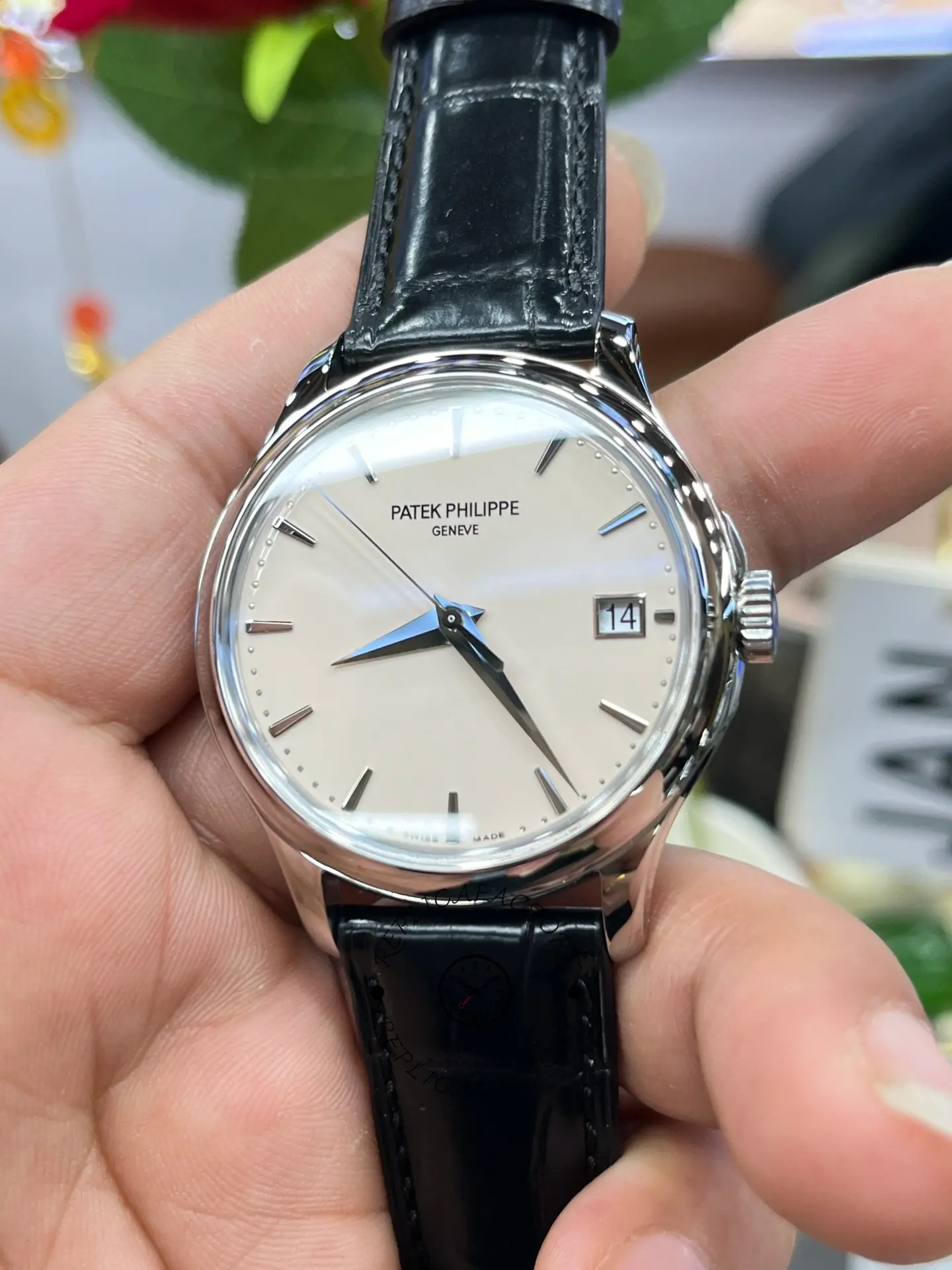 Front view of the Patek Philippe Calatrava 5227G-001 showing the watch face with black strap in hand.