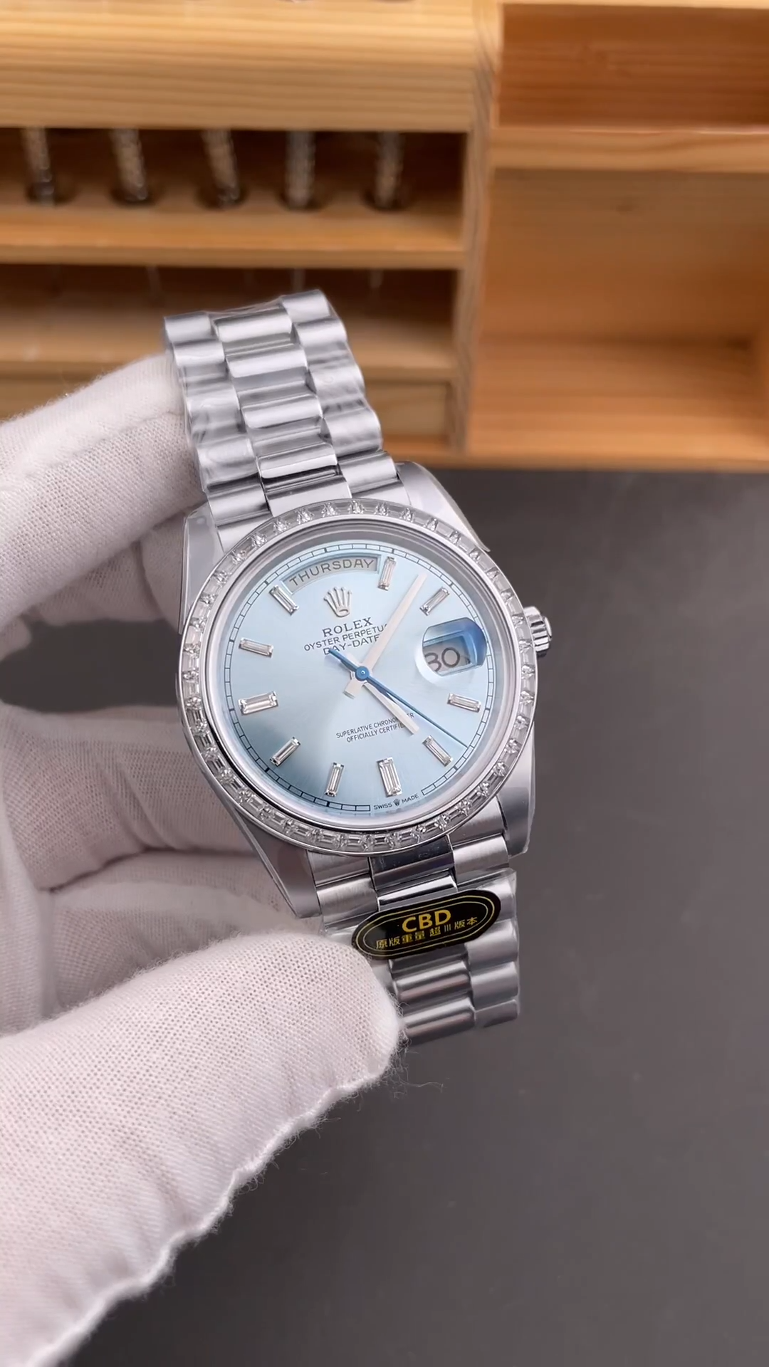 Rolex Day-Date 228396TBR Ice Blue Diamond Dial Diamond Bezel 40mm Mens Replica Watch