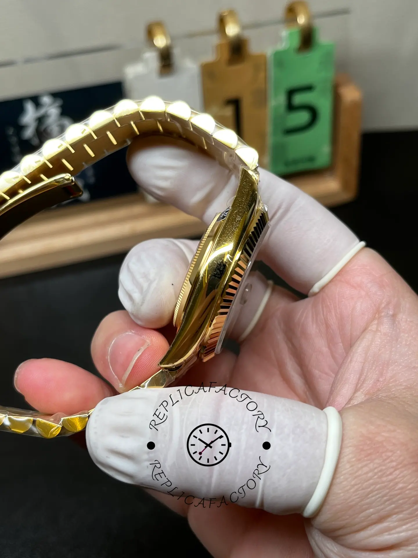 Side profile of Rolex 228238-0061 showing case side and bracelet curve.