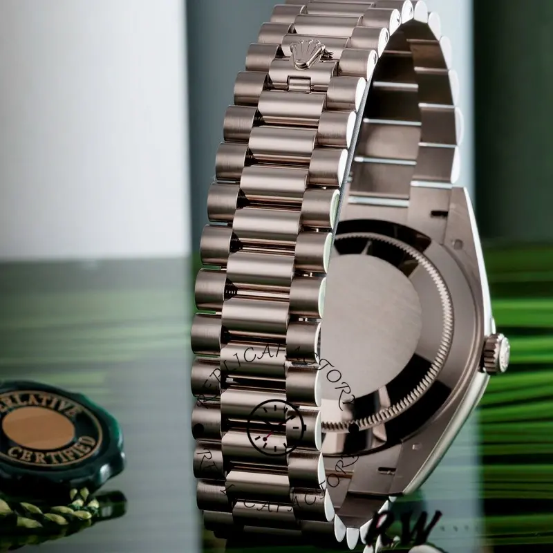 Rolex Day-Date 228239 Silver Baguette Diamond Dial Fluted Bezel 40mm Mens Replica Watch