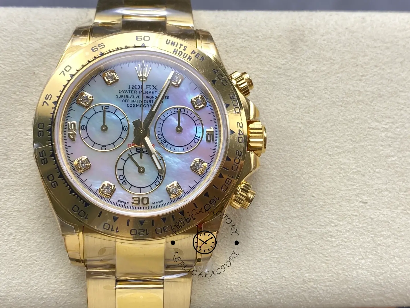 Rolex Daytona 116528 Yellow Gold Mother of Pearl Diamond Dial 40mm Mens Replica Watch