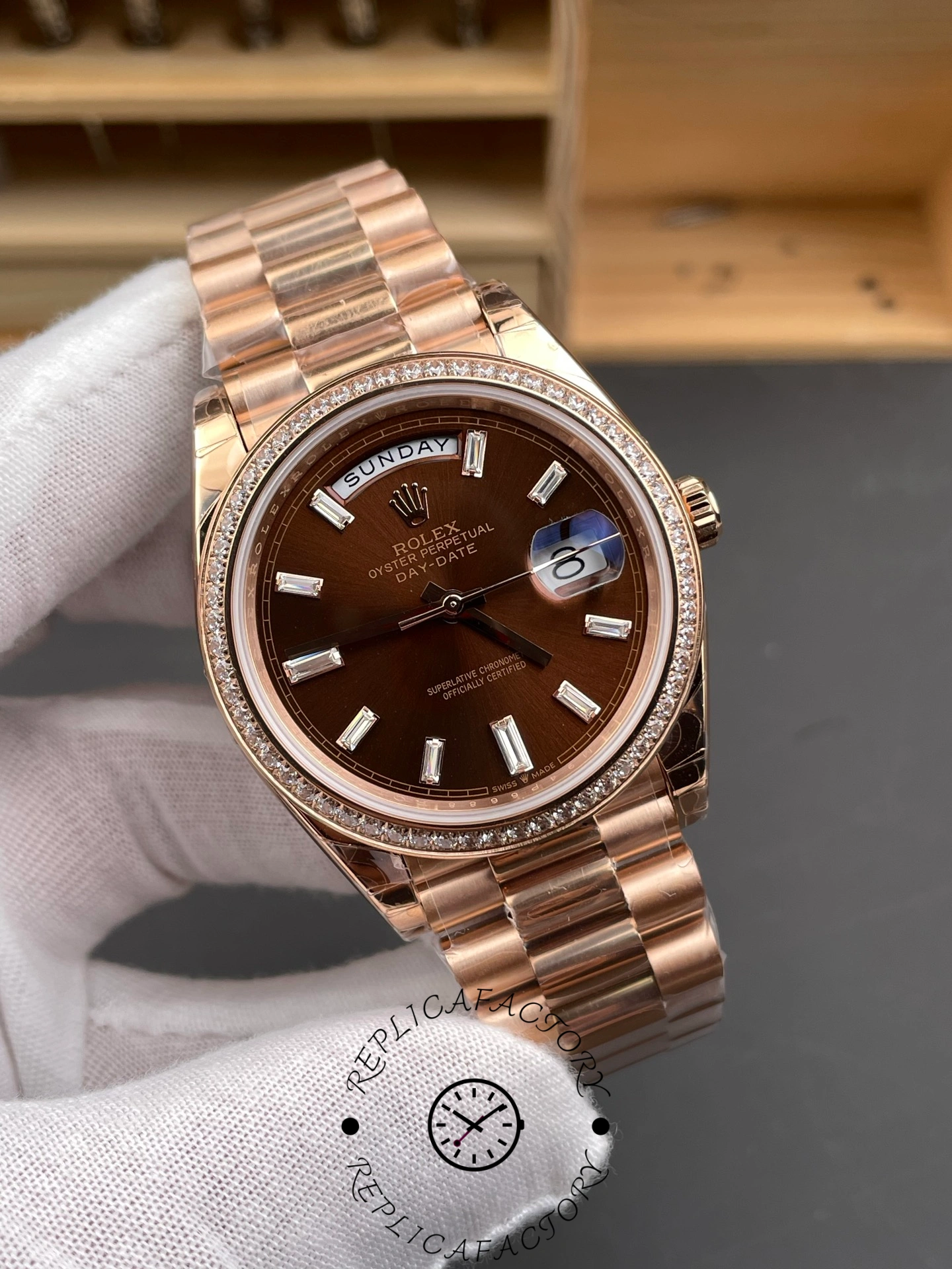 Rolex Day-Date 228345RBR Chocolate Brown Diamond Dial Diamond Bezel 40mm Mens Replica Watch
