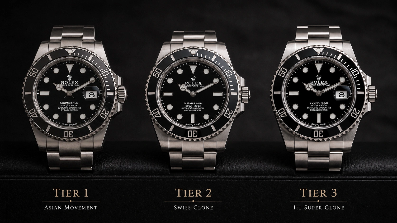 Three Rolex-style watches representing Asian movement, Swiss-movement clone and 1:1 super clone quality tiers