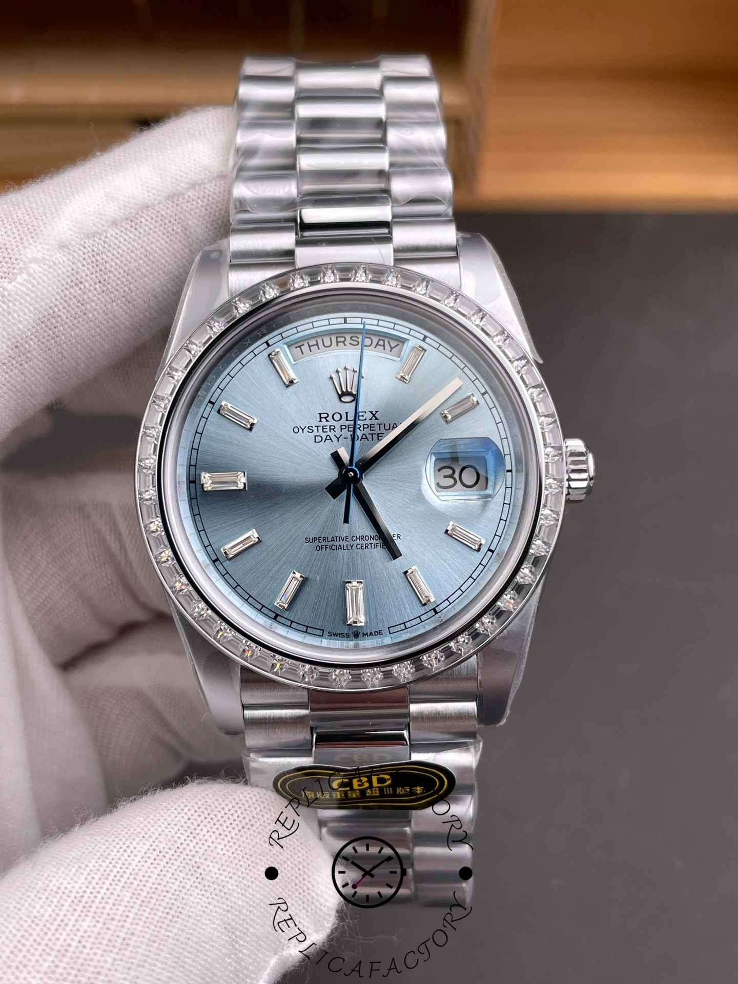 Rolex Day-Date 228396TBR Ice Blue Diamond Dial Diamond Bezel 40mm Mens Replica Watch