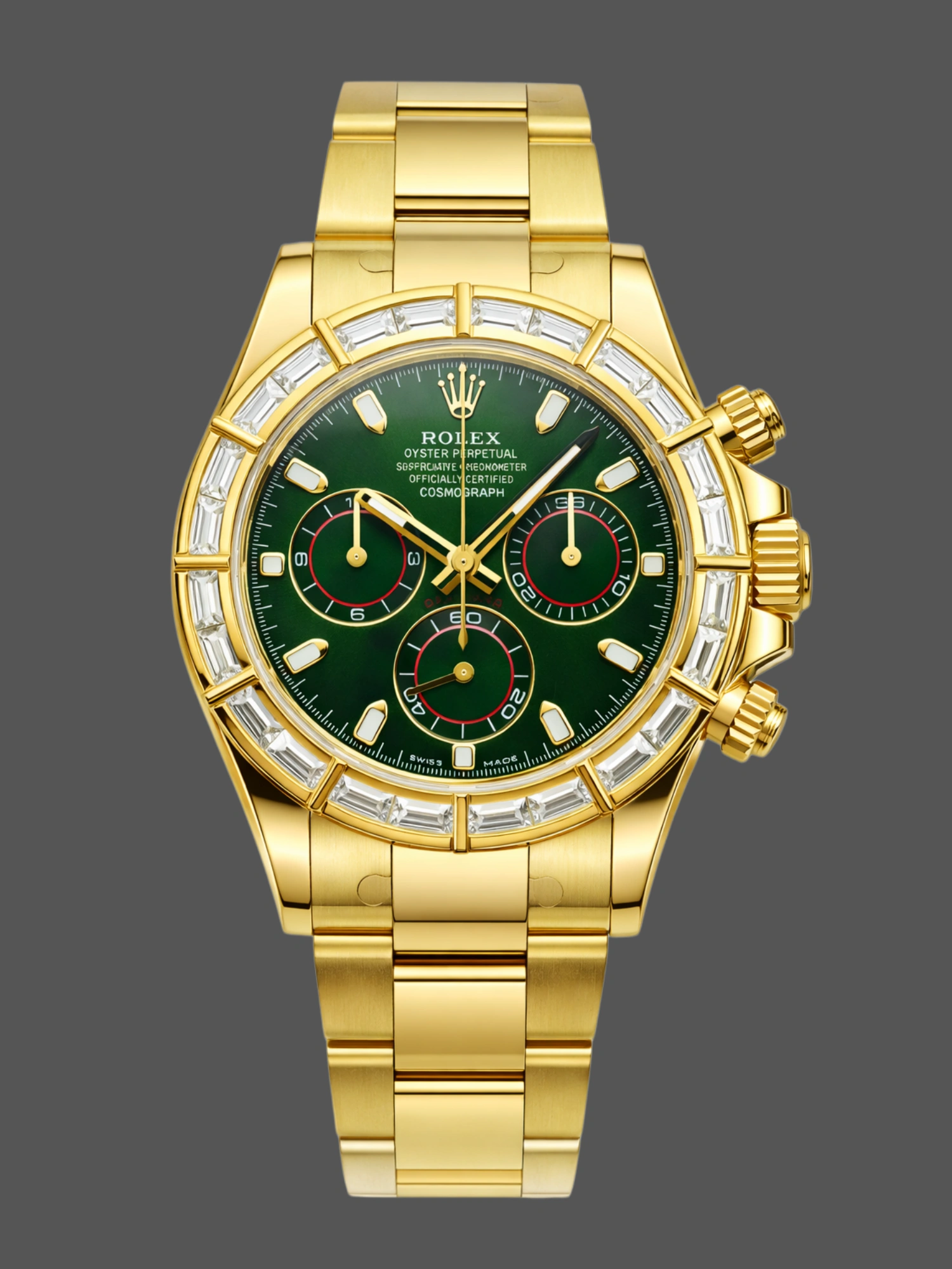 Rolex Daytona 116568BR green dial, yellow gold bracelet, front view with diamond bezel. - Front view