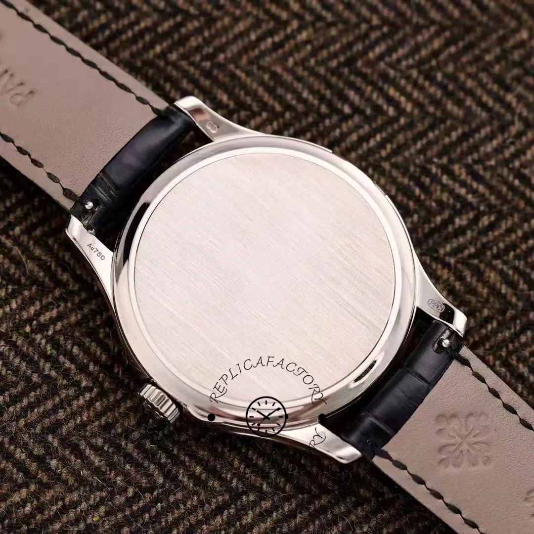 Caseback view of the Patek Philippe Calatrava 5227G-001 showing the smooth back and strap attachment.