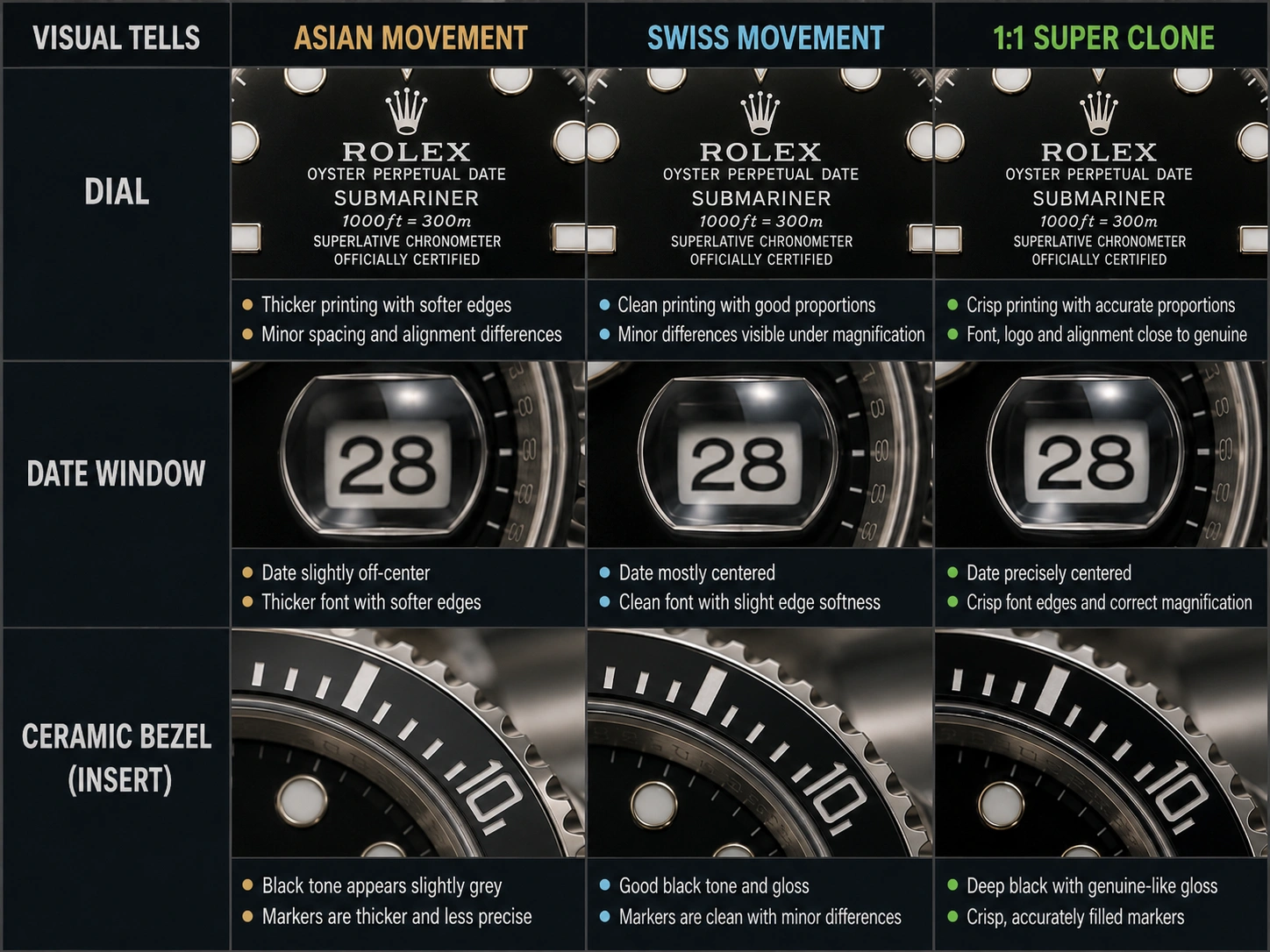 Comparison of Rolex-style dial printing, date-window magnification and ceramic bezel finishing
