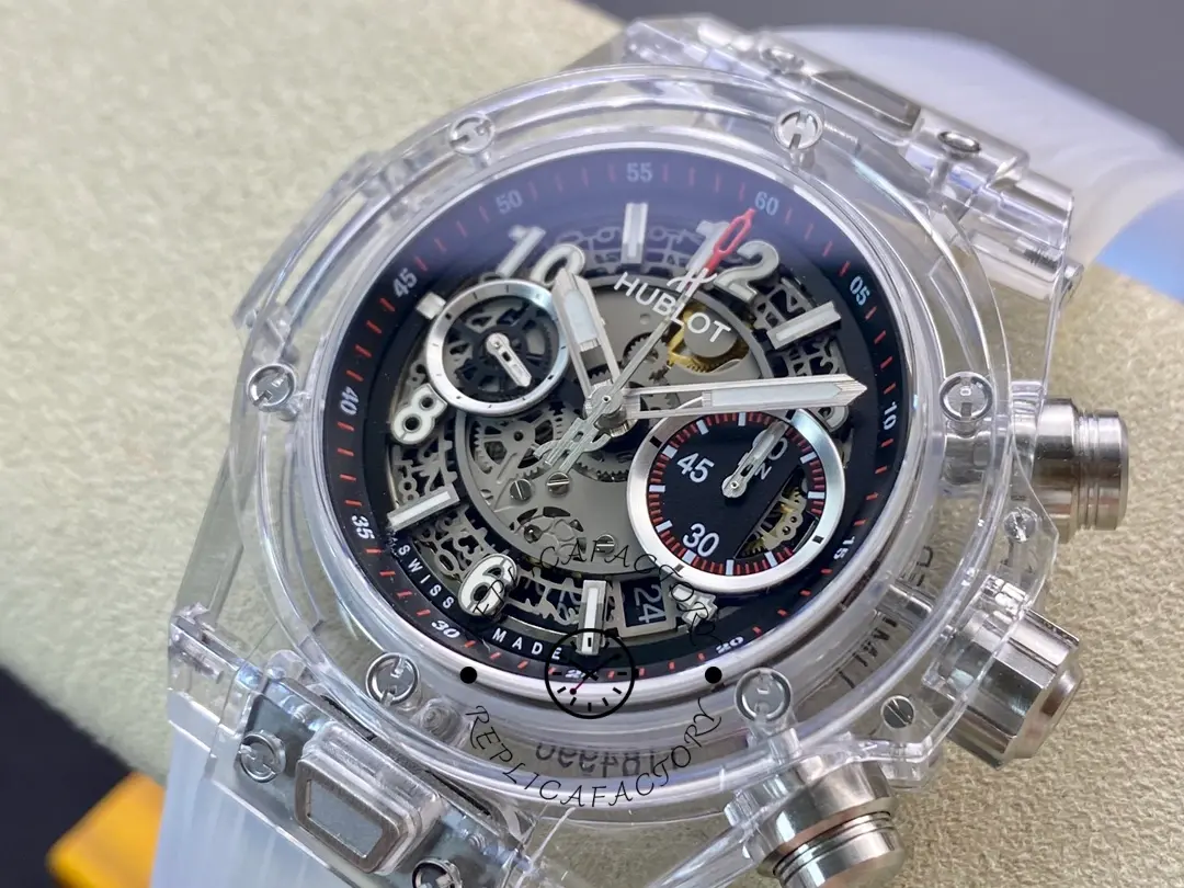 Hublot Big Bang Unico Chronograph 411.JX.1170.RX angled dial view on display cushion.