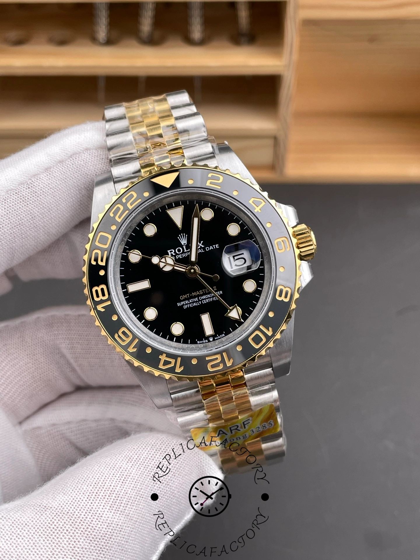 Rolex GMT Master II Black Dial Steel 18kt Yellow Gold 126713GRNR 0001 Men's Watch