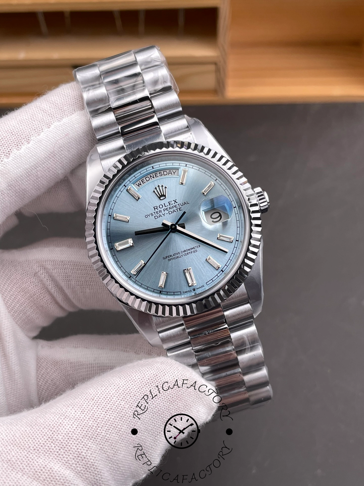Rolex Day Date 40mm Platinum 228236 0006 Ice Blue Baguette