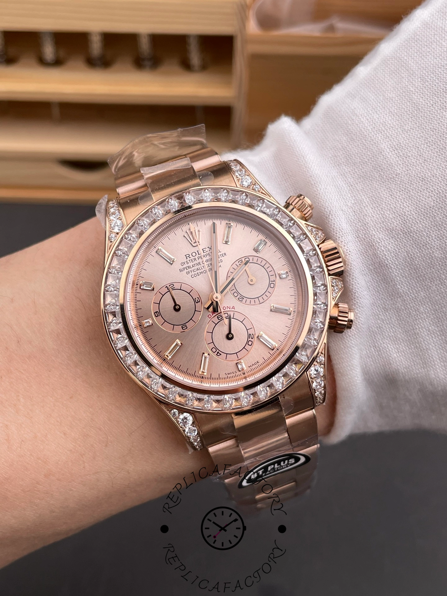 Replica Rolex Daytona 126595TBR 0001 Pink Dial & Diamond Bezel Watch