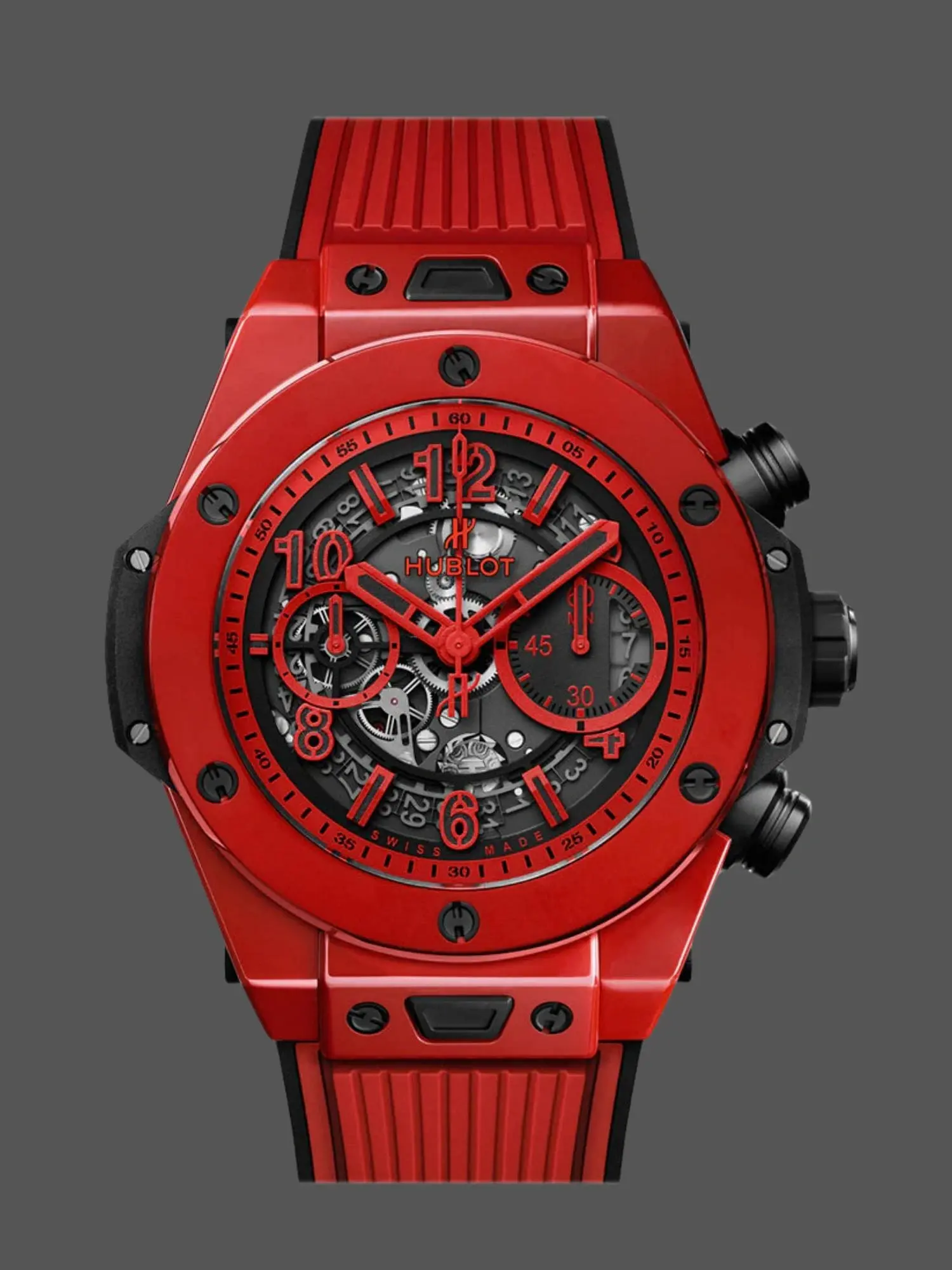 Front view of Hublot Big Bang Unico Red Magic Ceramic 411.CF.8513.RX with skeleton dial and red strap. - Front view