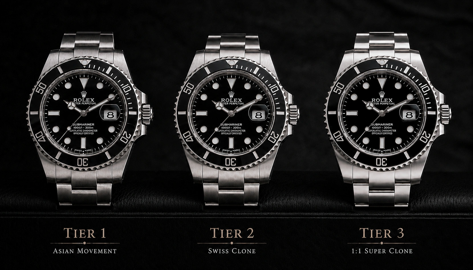 Three Rolex-style watches representing Asian movement, Swiss-movement clone and 1:1 super clone quality tiers