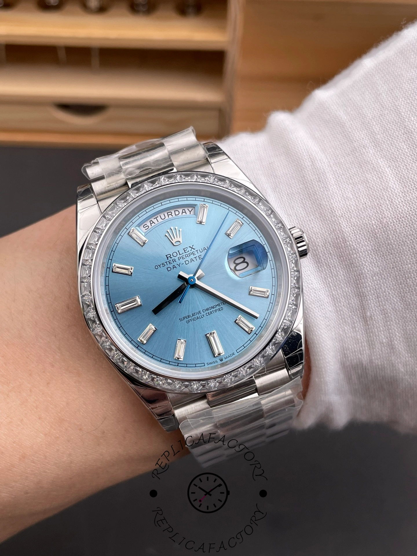 Rolex Day Date m128396tbr 0003 Platinum Ice Blue Dial 36 mm