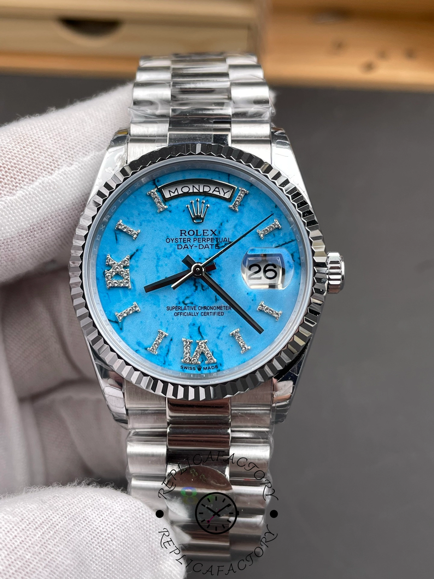 Rolex Day Date 36 Turquoise Diamond-Set Roman Dial 128236 0011