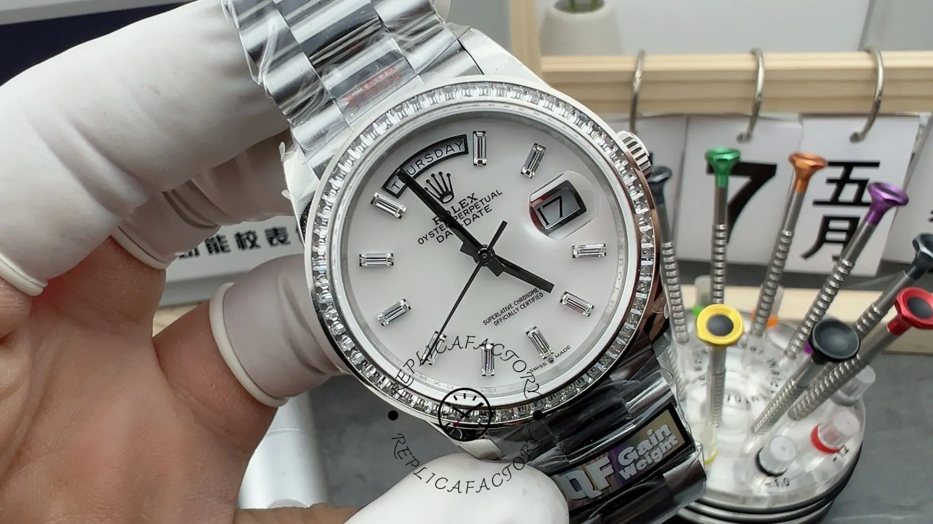 Rolex Day Date 36 MOP Dial Diamond Bezel Platinum m128396tbr 0022