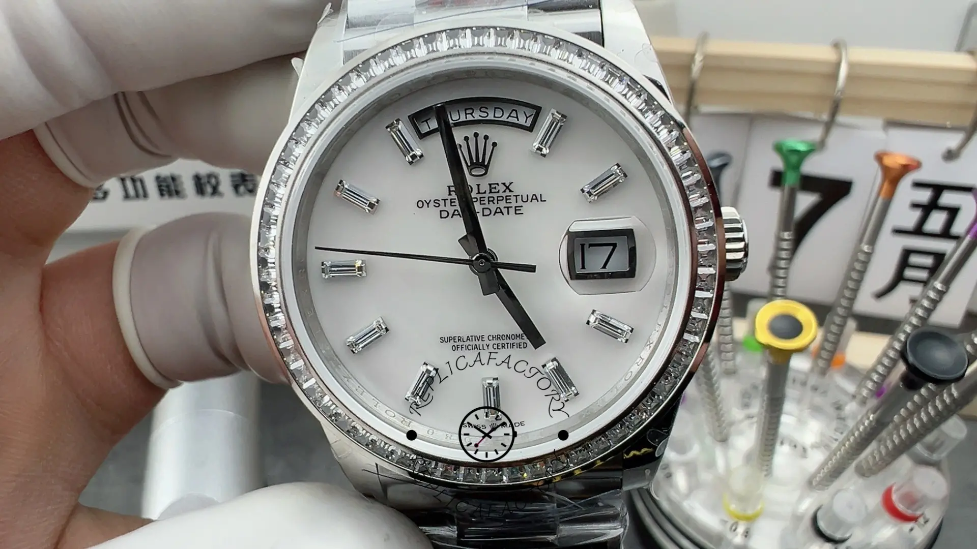 Rolex Day Date 36 MOP Dial Diamond Bezel Platinum m128396tbr 0022