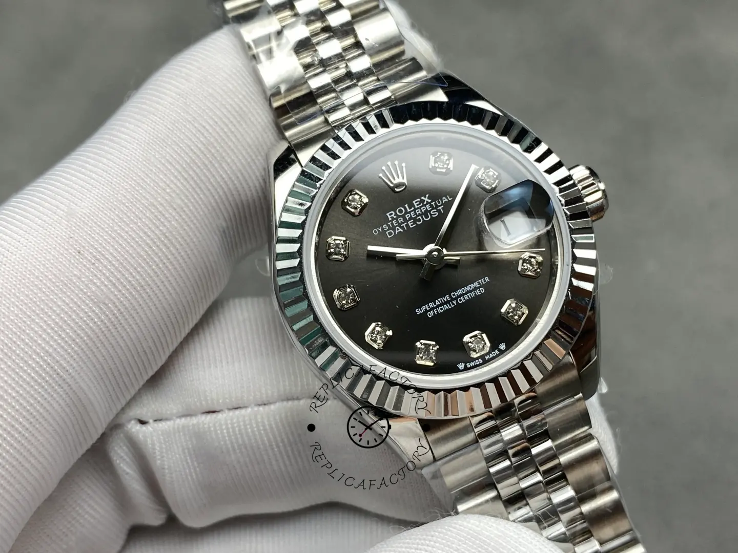 Rolex Datejust 279174 Stainless Steel Dark Grey Diamond Dial 28mm Lady Replica Watch