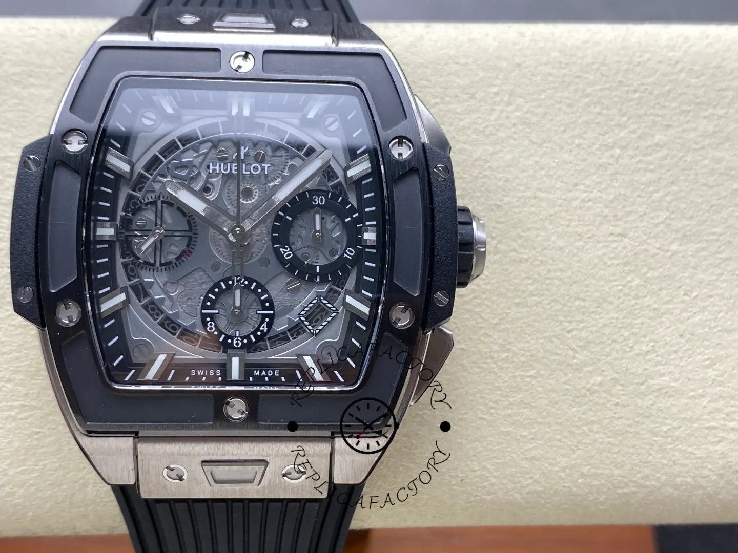 Front view of Hublot 642.NM.0170.RX showing skeleton grey dial and three chronograph subdials.