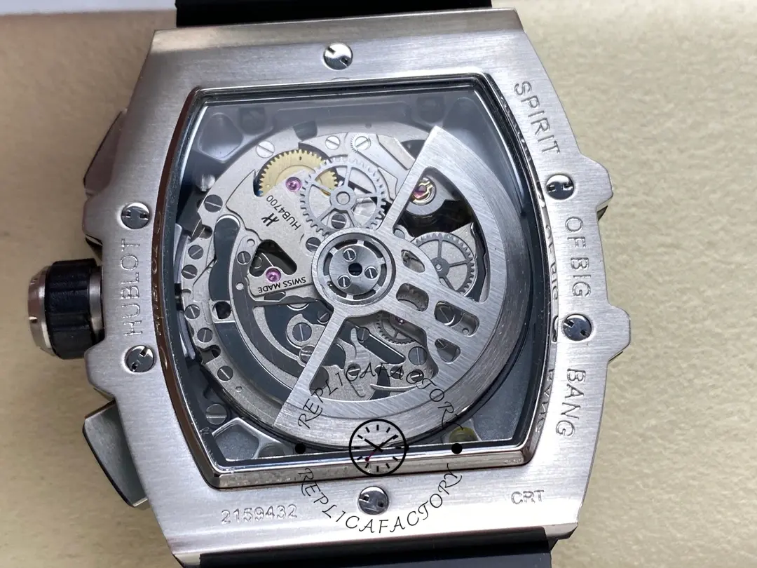 Crown-side view of Hublot 642.NX.0170.RX.1704 showing signed crown and chronograph pusher guards.